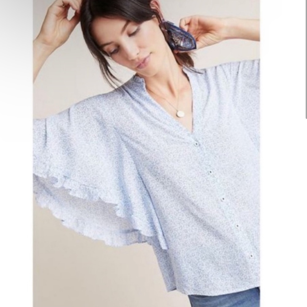 Anthropologie Maeve Aveiro Women’s Blue White Ruffle Flutter Sleeve Top Blouse